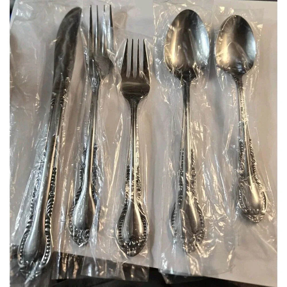 Vintage Stainless Flatware Spoon Knife Fork Columbia Japan Beaded Edge Set of 4